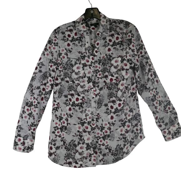Talbots Long Sleeve Roll-Tab Blouse Gray Floral Full Button Collared Shirt Small - Picture 1 of 12